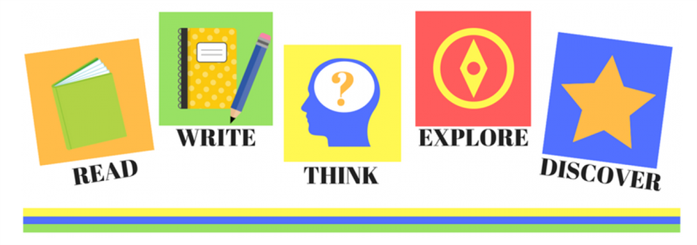 Image of read, write think, explore and discover with images of a book, notebook, star, compass, and person thinking Image of read, write think, explore and discover with images of a book, notebook, star, compass, and person thinking